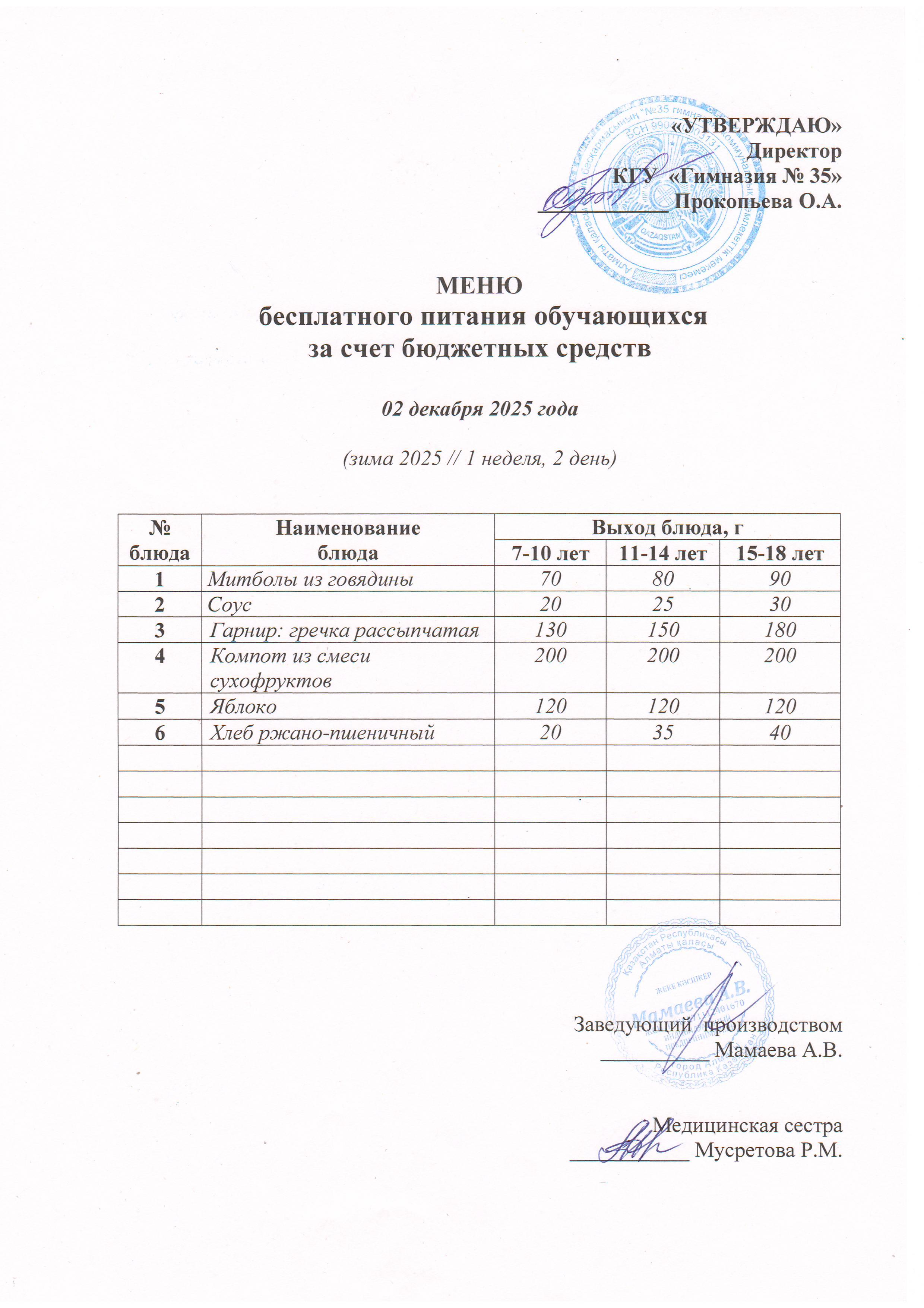 2025 жылдың 02 желтоқсан бюджет қаражатынан оқушыларды тегін тамақтандыру мәзірі  / "Меню бесплатного питания обучающихся за счёт бюджетных средств на 02 декаюря 2025 года"